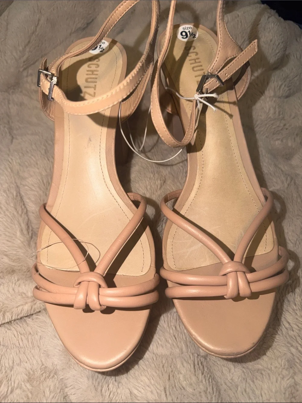Schutz Kelsie True Beige Leather Strappy Platform Block Heel Sandals 9.5 NWOT